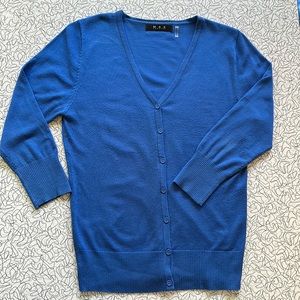 M A K Sweater. Button up V-neck 3/4 sleeve. Cobalt Blue. Size Large
